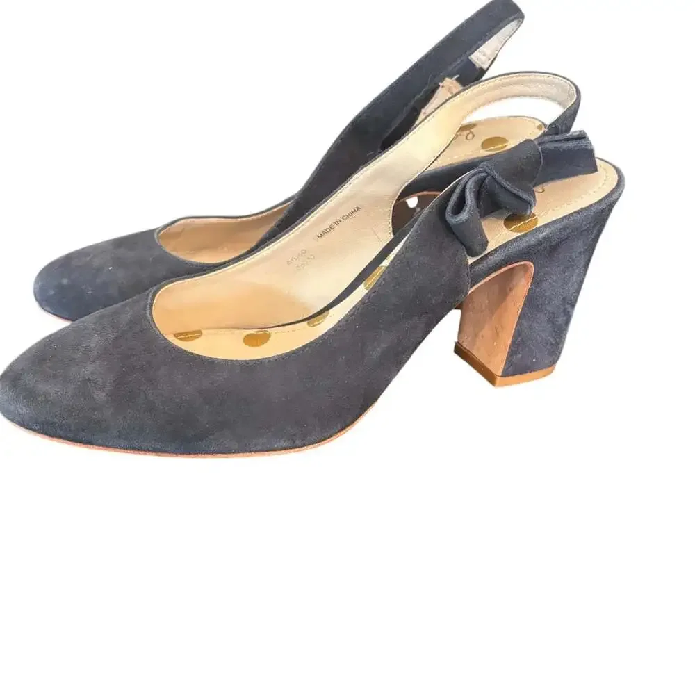 Boden Navy Blue Suede Block Heel Slingback Pump Bow Detail Real Leather EU 39
